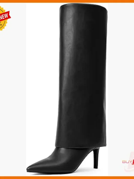 Knee High Boots Fold Over Pointed Toe Stiletto Heel Wide Calf Zipper - Picture 1 of 7